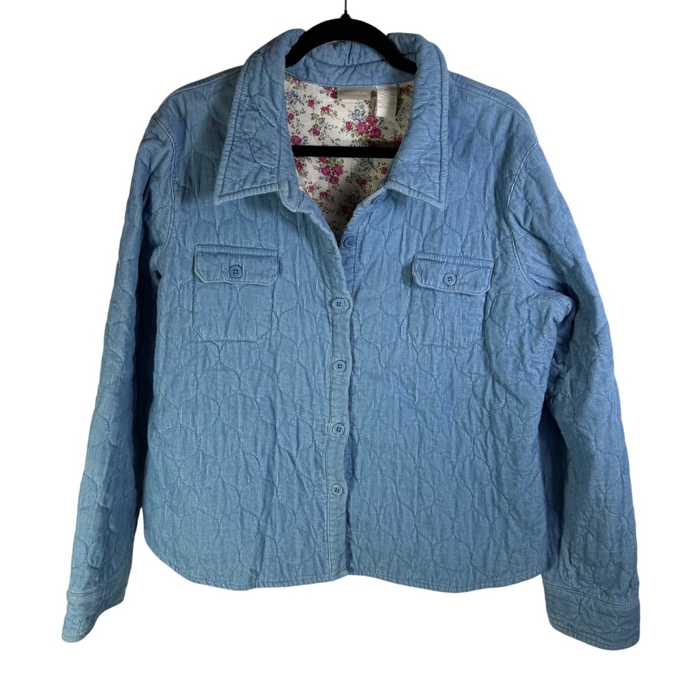 Fieldgear Women XL Blue Quilted Corduroy Jacket Floral Lined Cotton Shacket